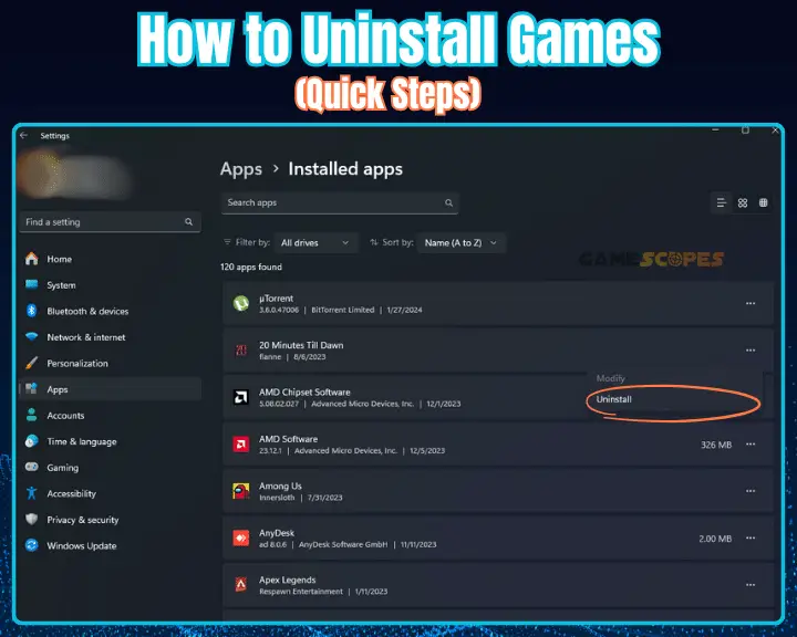 The image shows the correct Windows tab, from where you can remove games, if you're wondering how to uninstall games on Windows 11.