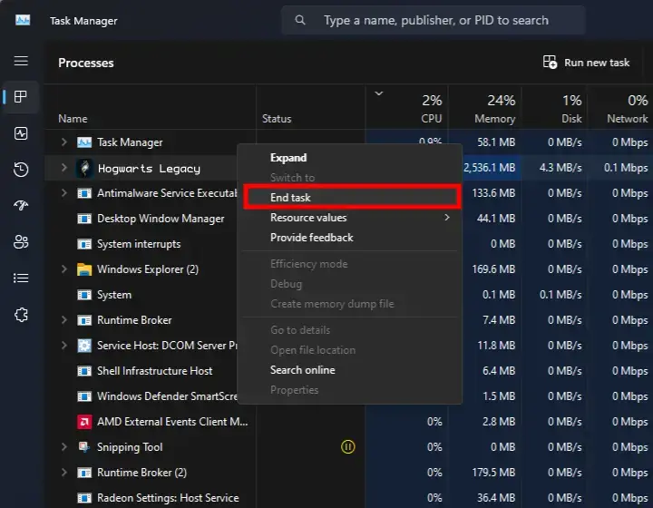 When Hogwarts Legacy not launching on Steam, the image shows how to kill the game process from the Task Manager.