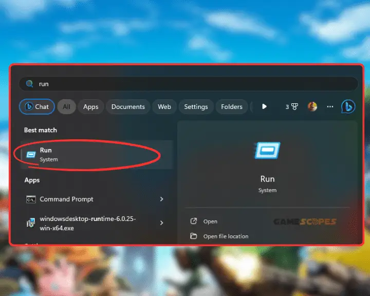 To check your GPU's VRAM when Palworld out of video memory error, first access the "Run" prompt through the start menu.