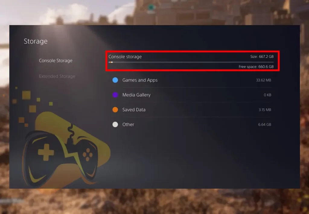The image is showing how to check the avaliable storage on PlayStation 5.