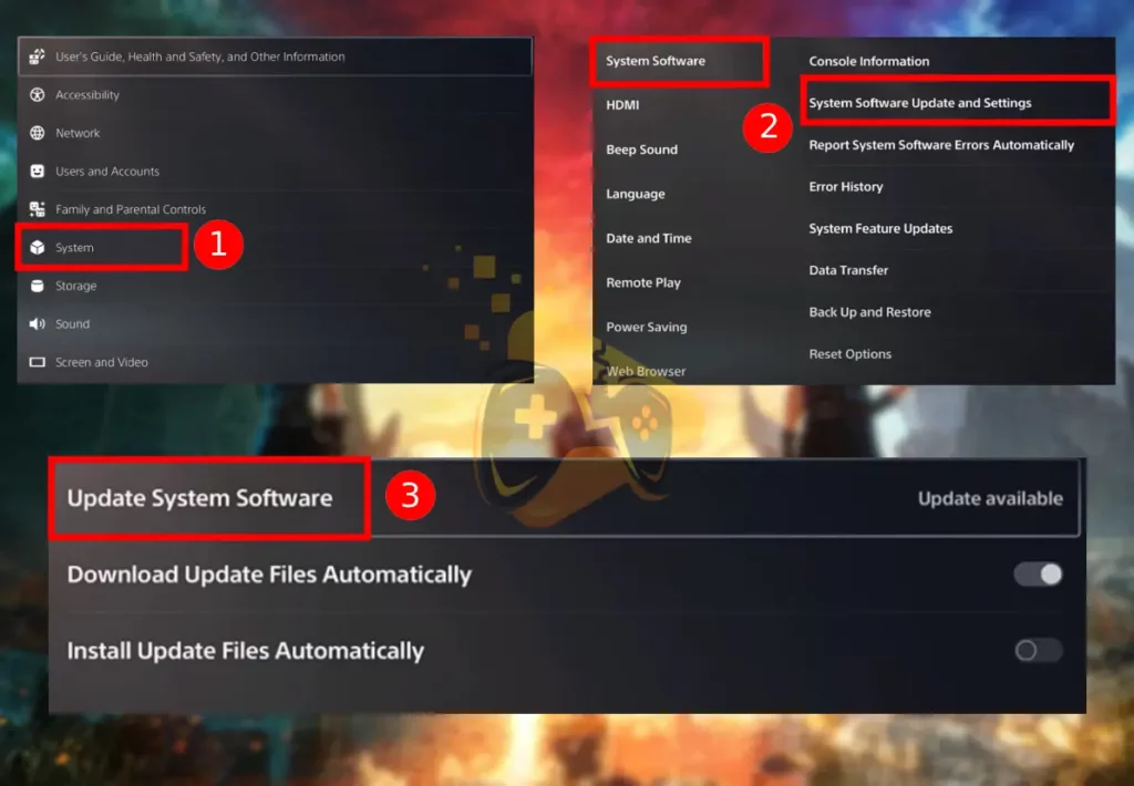 The image is showing how to update the console when Final Fantasy VII Rebirth not launching on PS5.