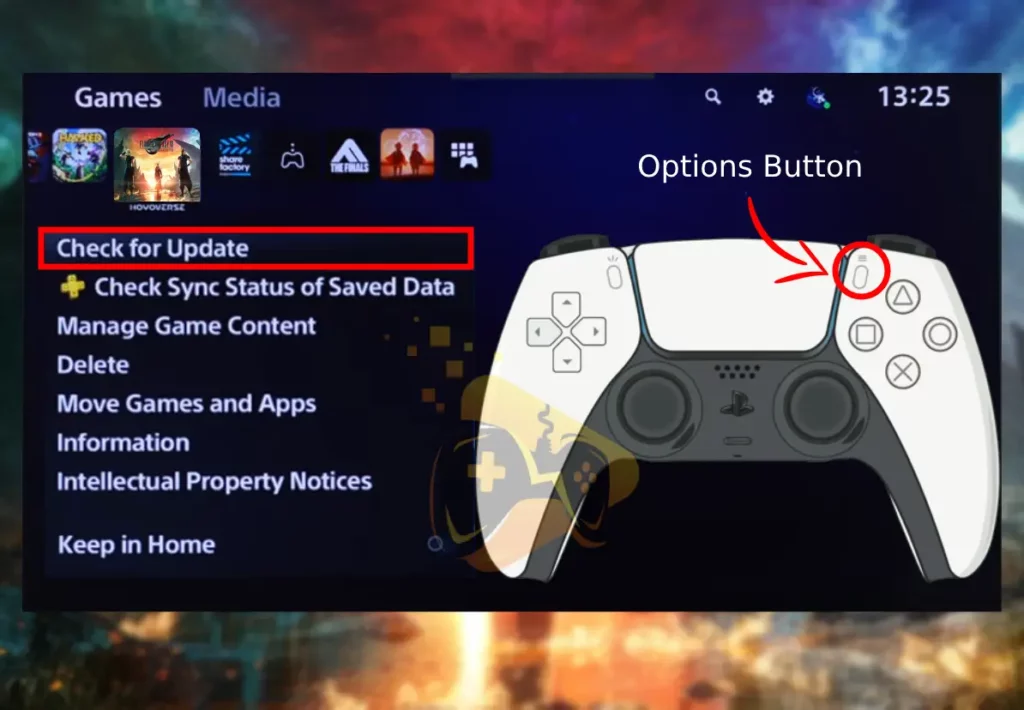 The image is showing how to update Final Fantasy VII Rebirth on your PlayStation 5.