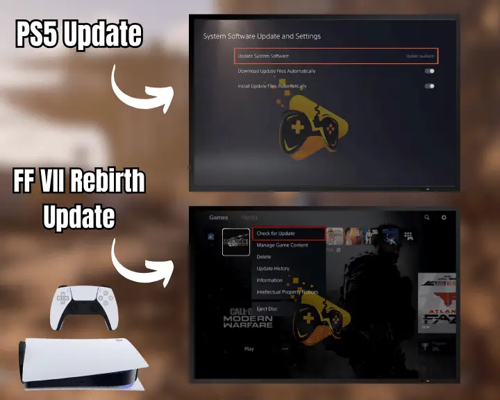 The image is showing how to update FF 7 Rebirth and the console's firmware when Final Fantasy VII Rebirth keeps crashing on PS5.