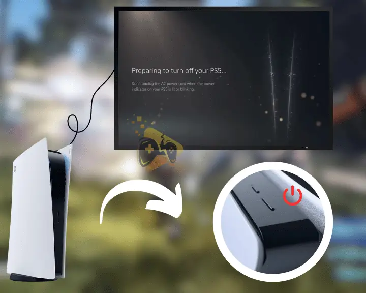 The image is showing how to turn off your PlayStation 5, using the built-in console's Power button.