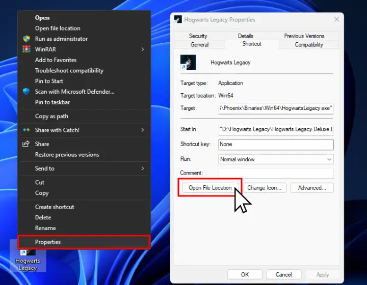 The image shows how to find game directory on Windows from the desktop shortcut.