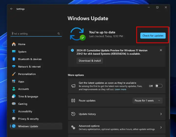 Windows Settings, Windows Update, Check for Update.