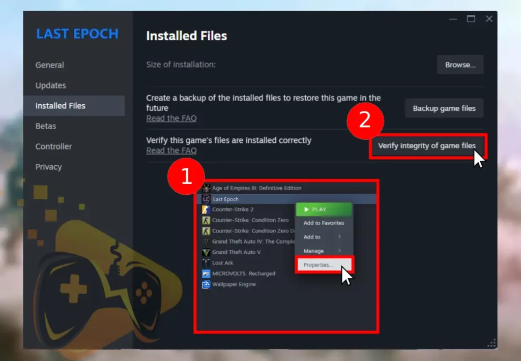 The image is showing how to verify file's integrity when Last Epoch keeps crashing on PC.