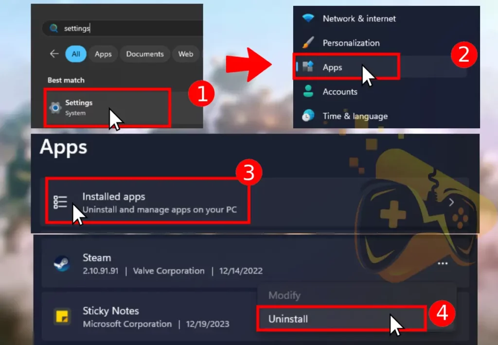 The image is showing how to uninstall the Steam launcher on Windows computer.