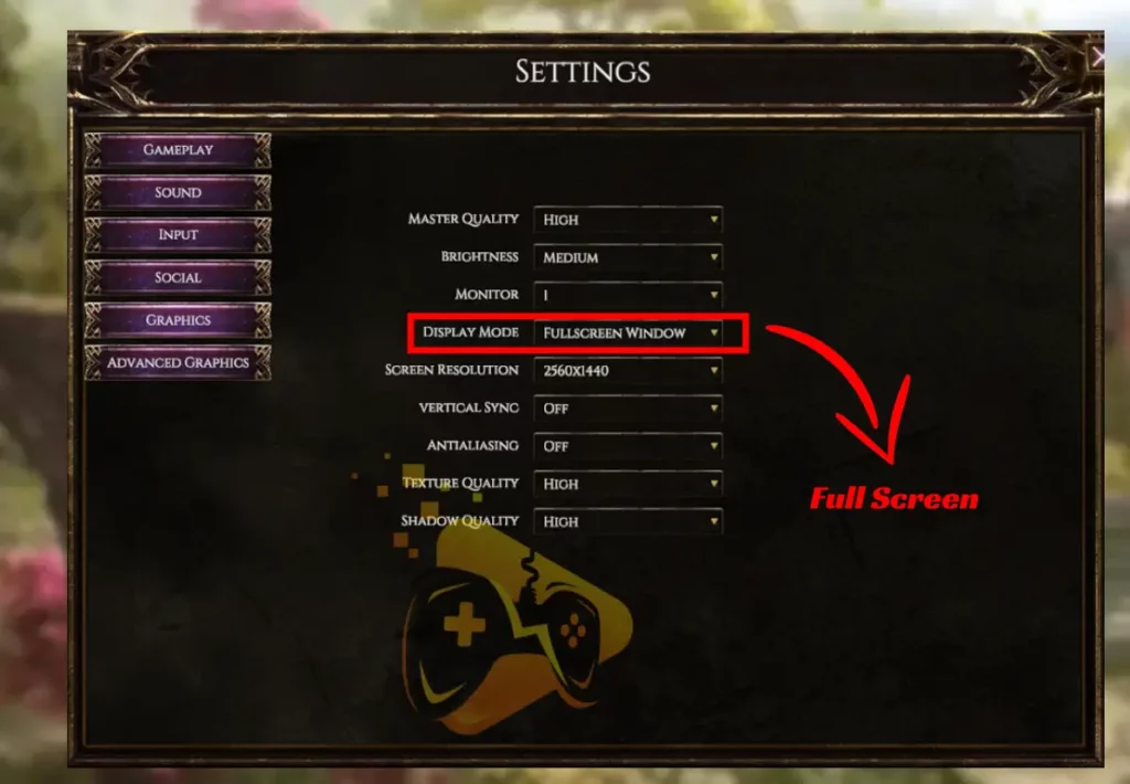 This image shows how to enable the full-screen option against Last Epoch low FPS on PC.