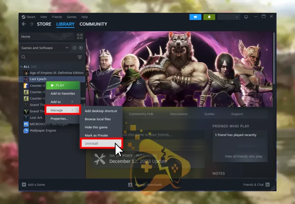 The image shows how to reinstall Last Epoch from Steam to fix FPS-related problems.