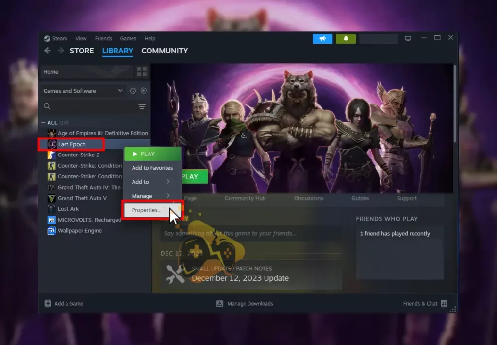 The image shows how to access the Last Epoch settings from the Steam launcher.