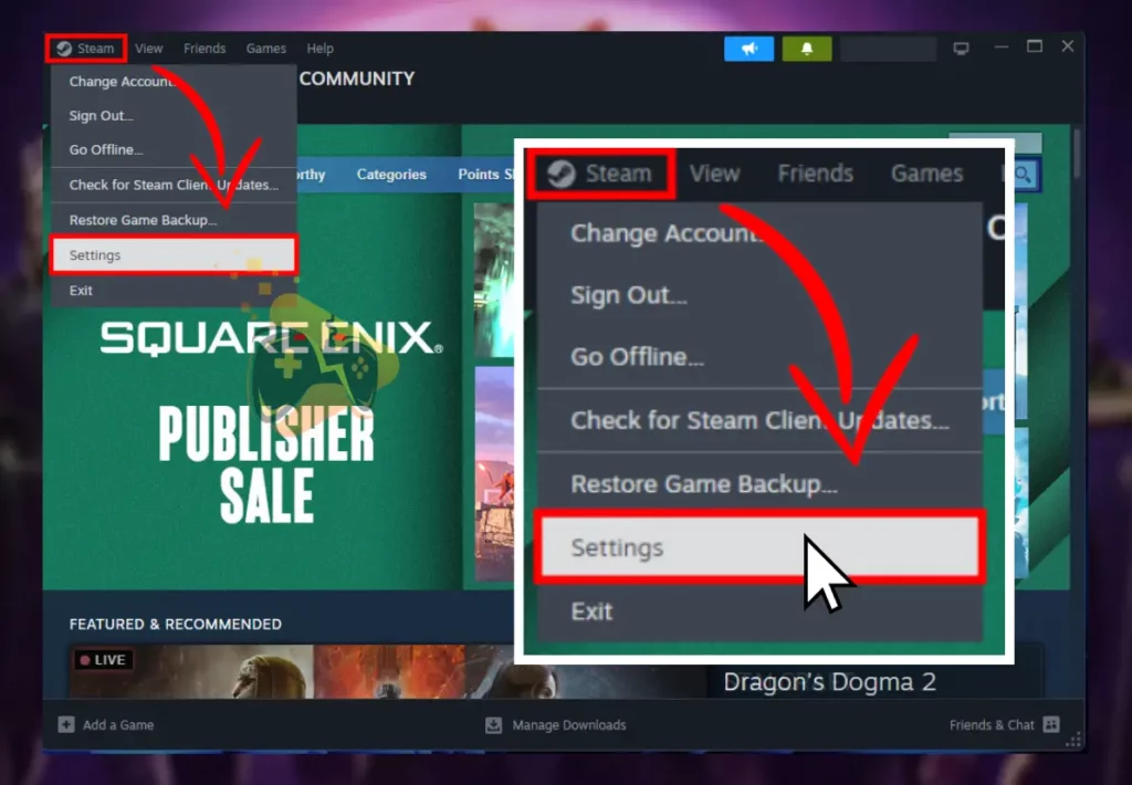 The image shows how to access the Steam launcher's settings.