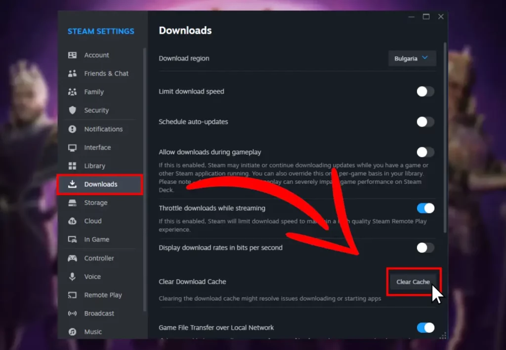 The image shows how to clear the Steam launcher's cache when Last Epoch not connecting to server.