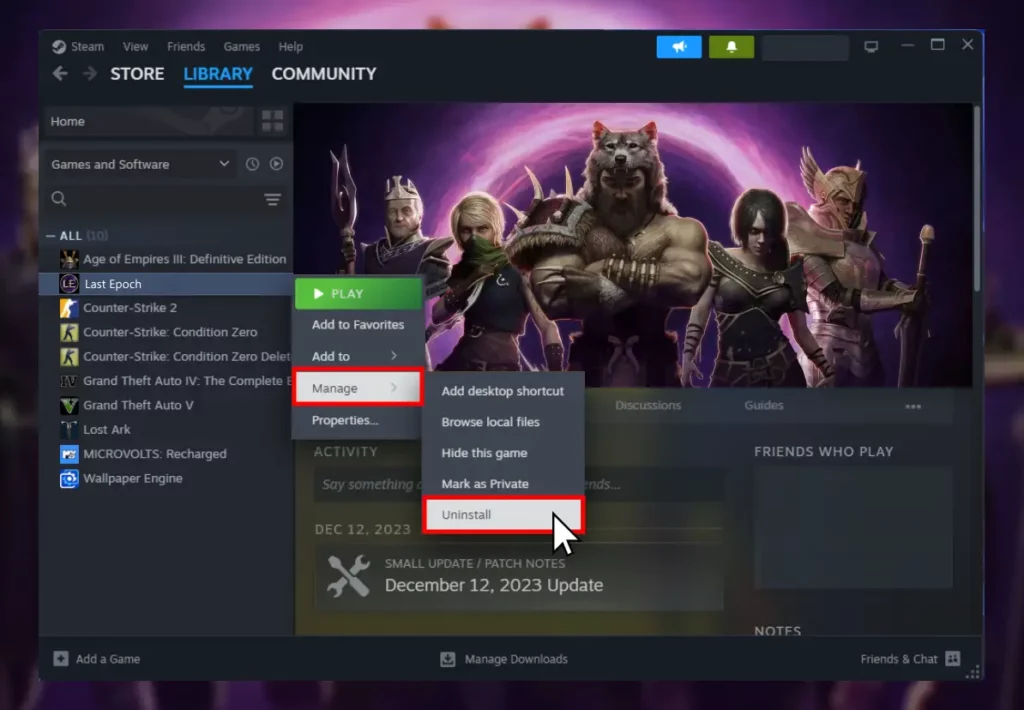 The image shows how to uninstall Last Epoch from Steam.