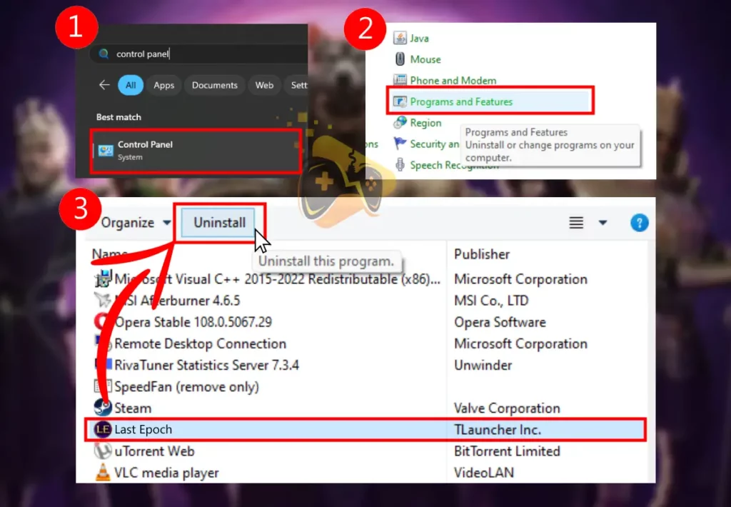 The image shows how to uninstall Last Epoch from the Control Panel of a Windows computer.