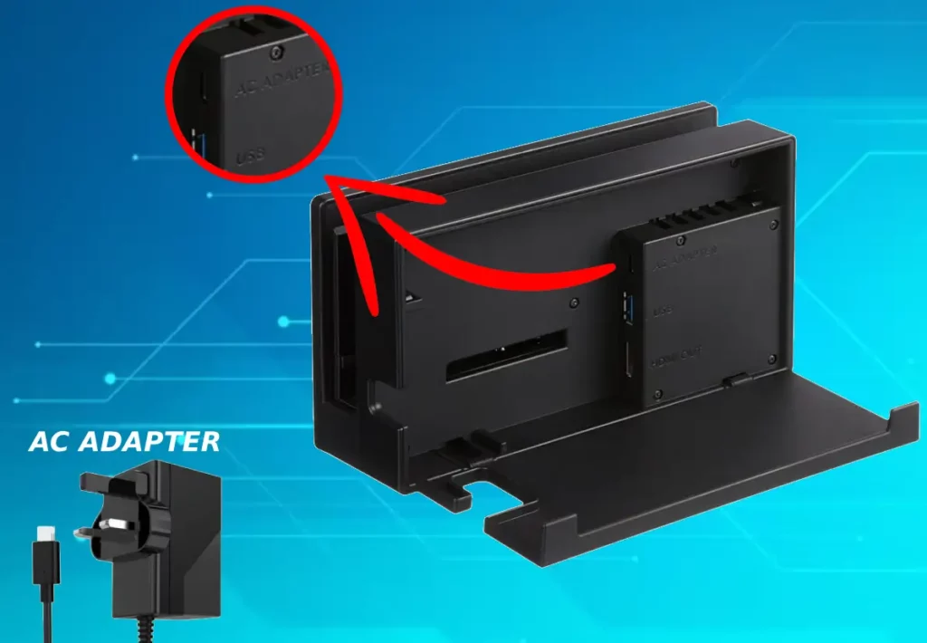 This image shows where is the power port on the Nintendo Switch Dock.