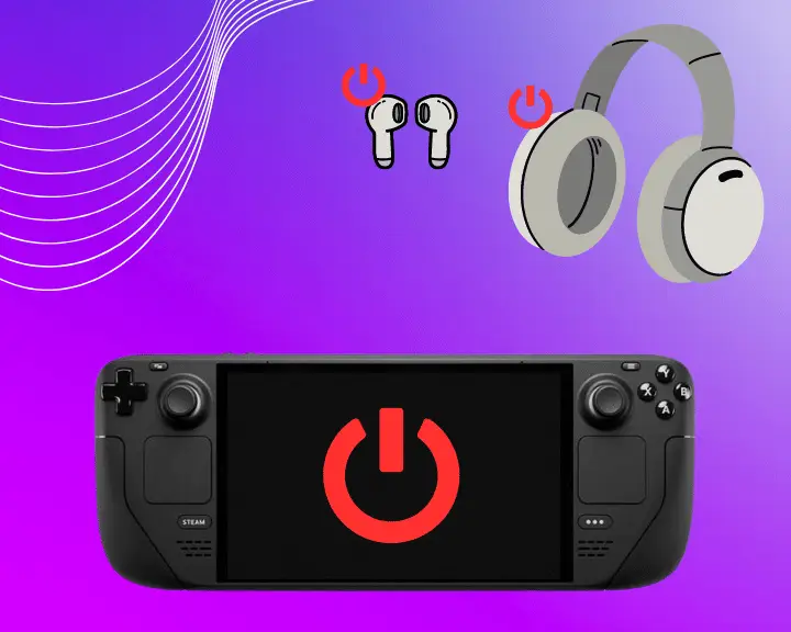 A decorative image showing Steam Deck, headphones and earbuds.