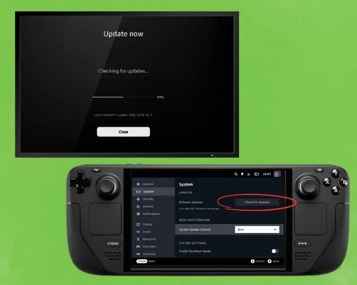 When Steam Deck won’t show on TV, the image shows how to update both your TV and Steam Deck.
