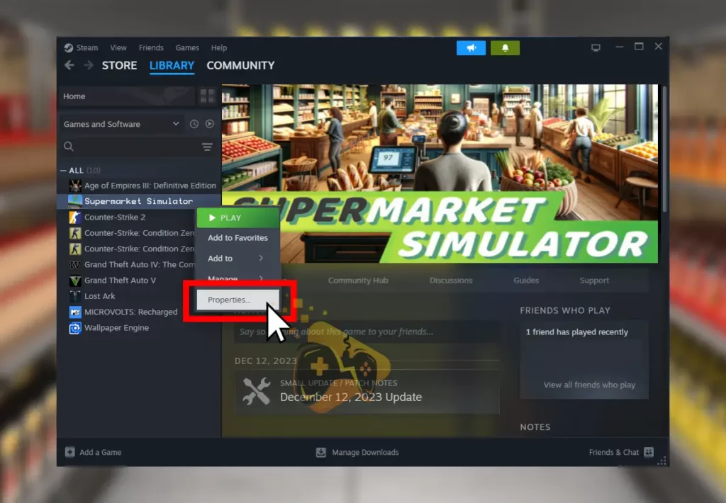 The image shows how to access the properties of a game from the Steam Launcher.