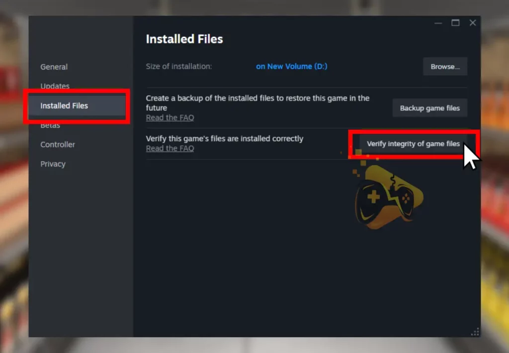 The image shows how to verify the integrity of a game from the Steam launcher, against Supermarket Simulator crashing.