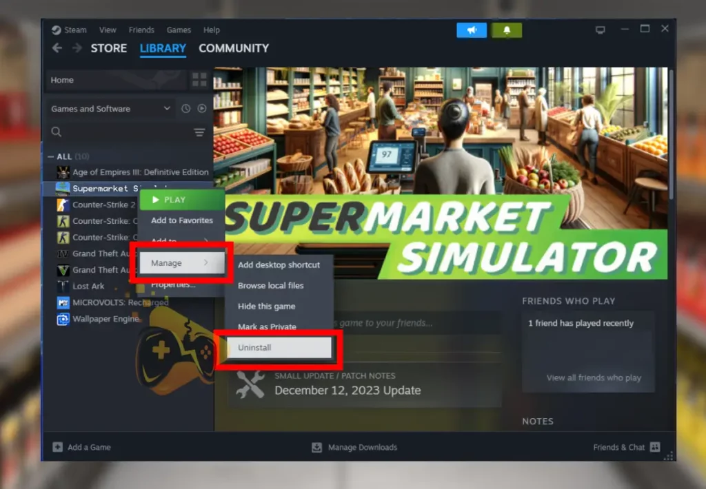 The image shows how to uninstall games from the Steam launcher when Supermarket Simulator crashing.