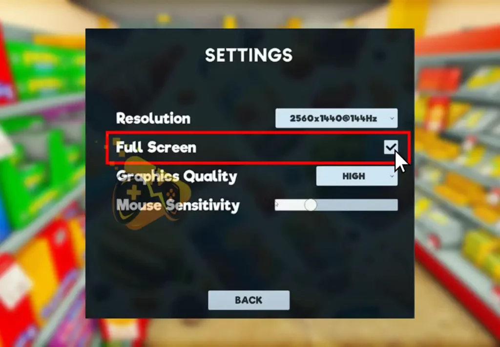 The image shows where to find the "Full Screen" option in the settings of Supermarket Simulator.