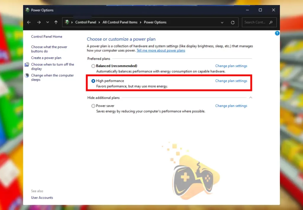 The image shows how to select High-Performance power plan on Windows.