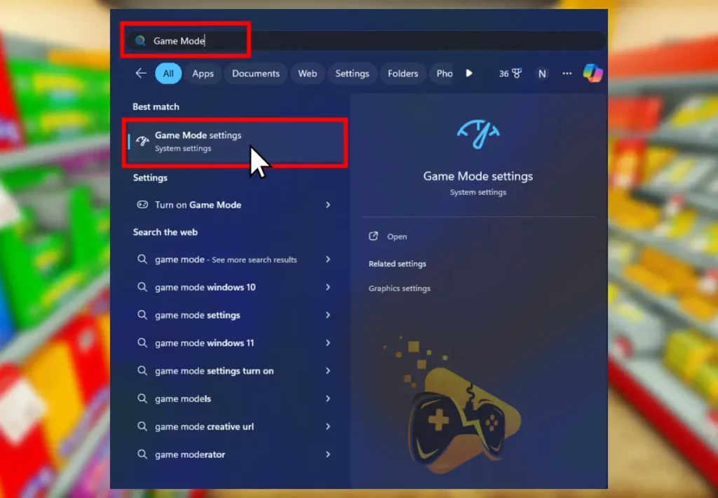The image shows how to enable the Game Mode on Windows.