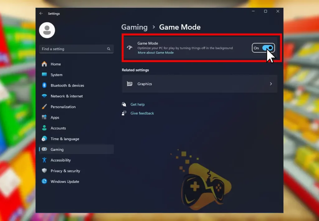 The image shows how to enable Game Mode on Windows to fix the Supermarket Simulator FPS drops.
