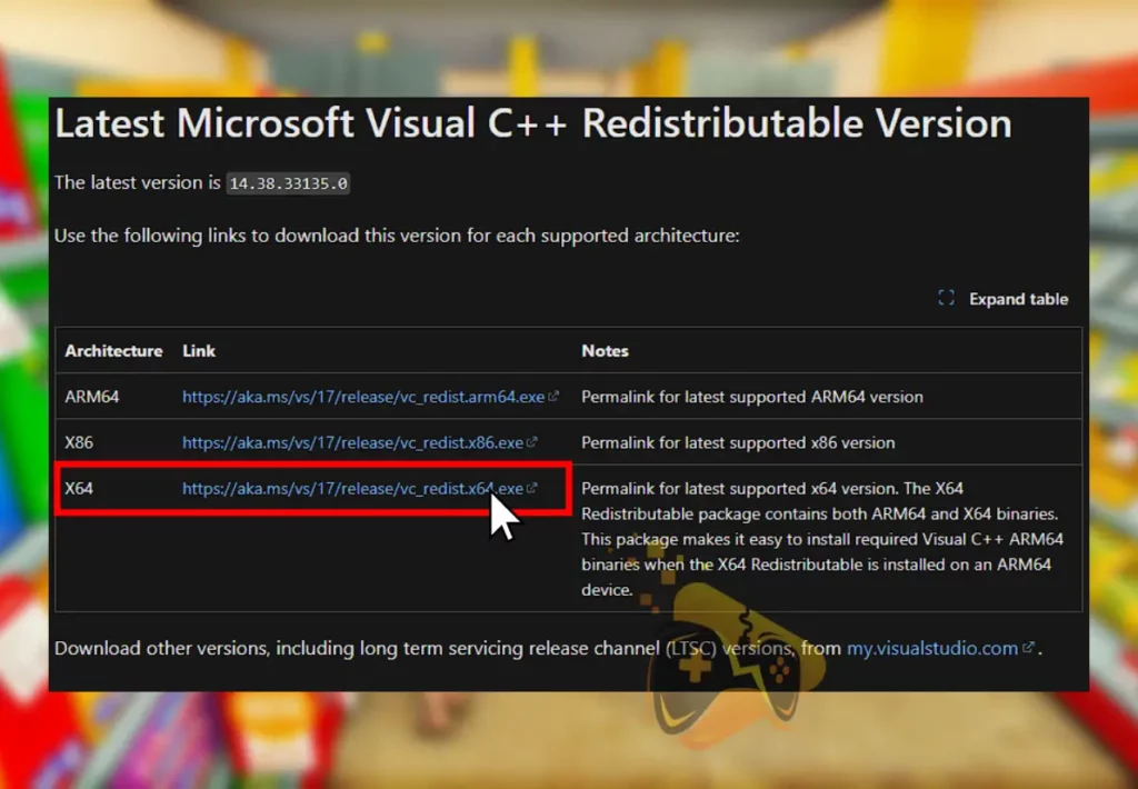 The image shows where to download the latest Microsoft Visual C++.
