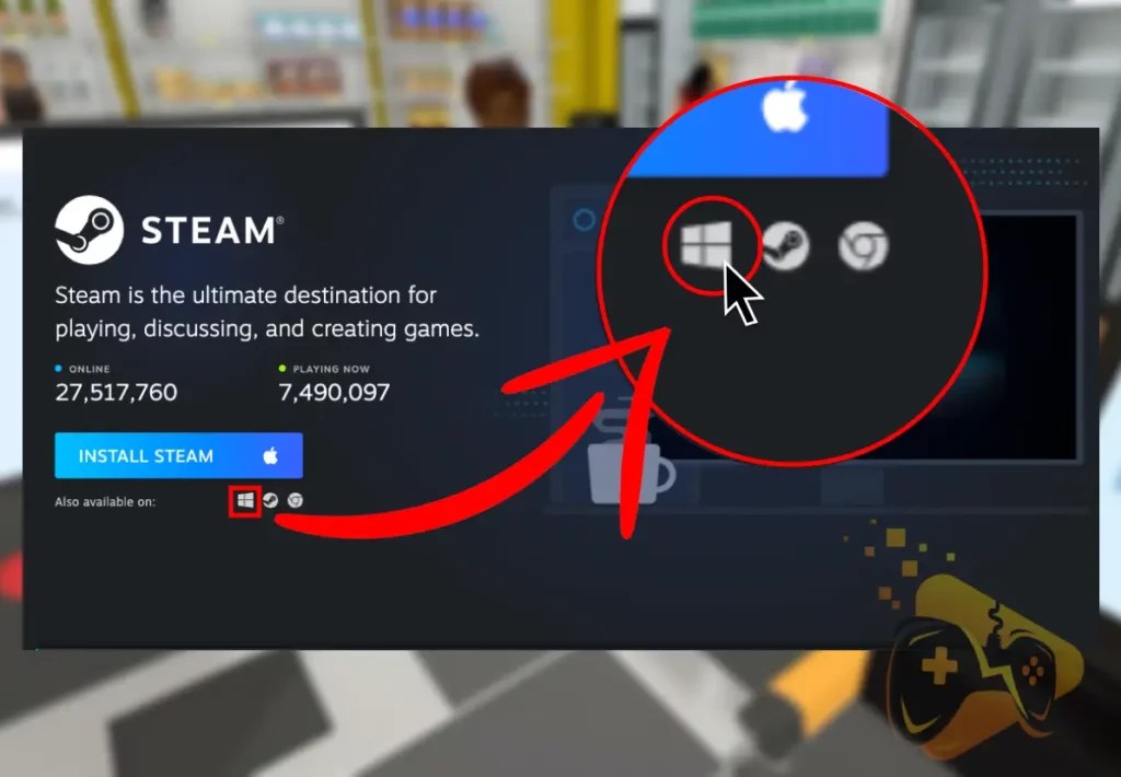 The image shows how to download the Windows version of the Steam launcher on Mac.