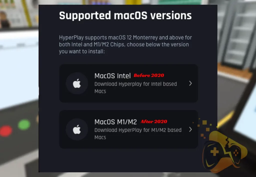 The image shows that you need to select the type of your Mac to download the HyperPlay launcher.