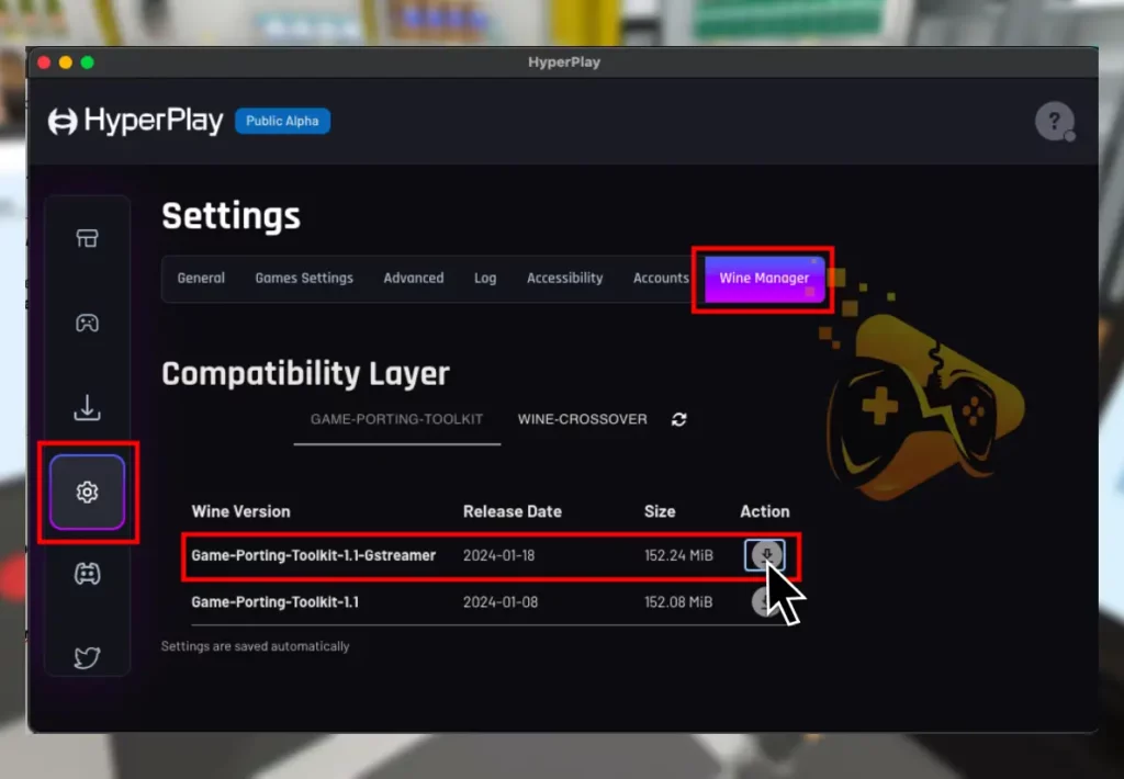 The image shows how to play Supermarket Simulator on Mac by adjusting the HyperPlay launcher settings.