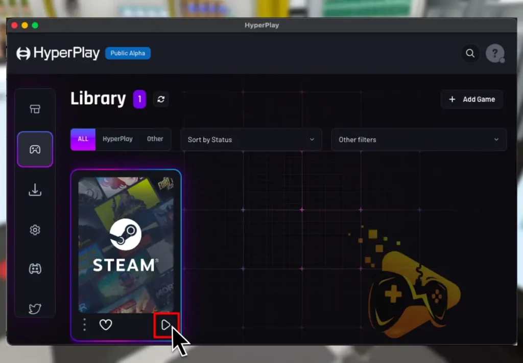 The image shows how to launch the Steam launcher from the HyperPlay launcher.