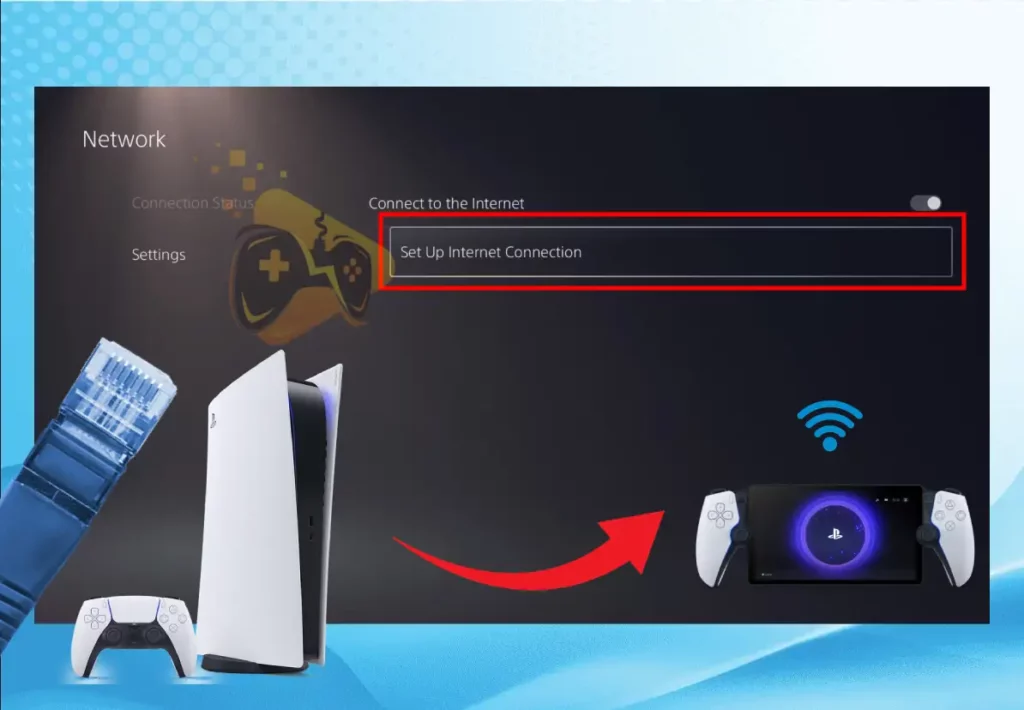 When PS portal not working on hotspot, this image is showing how to switch from wireless to wired connection on your PS5.