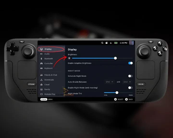 The image is showing how to lower the brightness to achieve Steam Deck battery optimization.