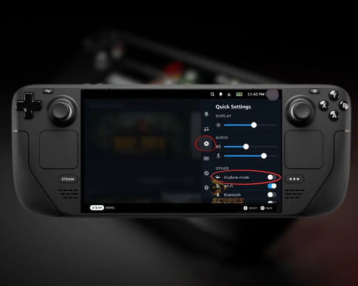 The image is showing how to activate Airplane Mode on the console, to achieve good Steam Deck battery optimization.
