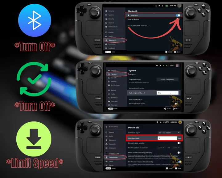 The image is showing how to turn off drainer settings to achieve a balanced Steam Deck battery optimization.