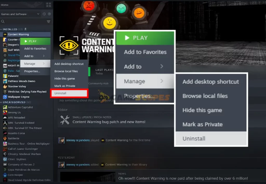 The image shows how to uninstall games from the Steam Launcher when Content Warning keeps crashing on PC.