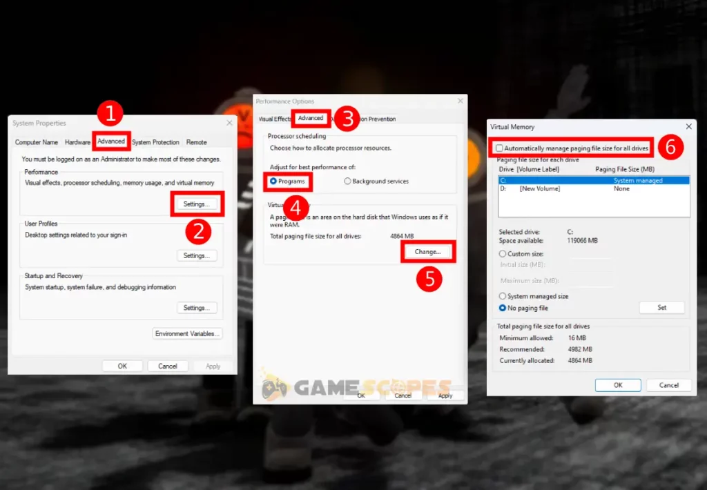 The image shows how to configure your Window's pagefile settings for best gaming performance.