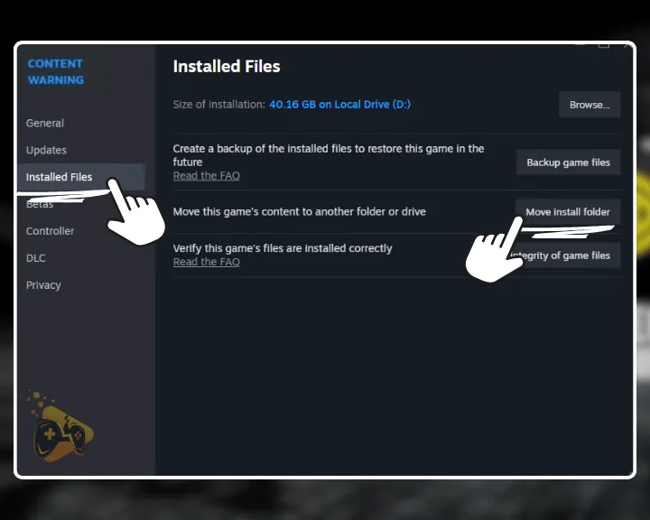 The image shows how to move game's installation directory when Content Warning keeps crashing on PC.