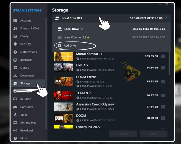 The image shows how to add a new drive into the Steam launcher, allowing you to move game's directories.