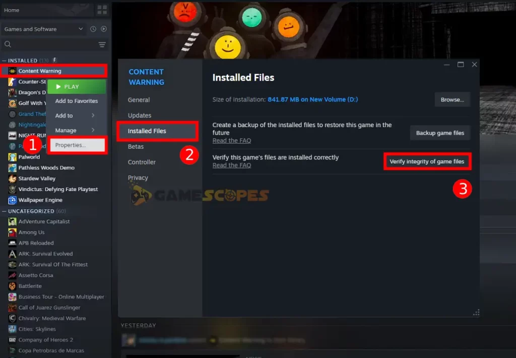 This image shows how to verift Content Warning file's integrity through the Steam launcher.
