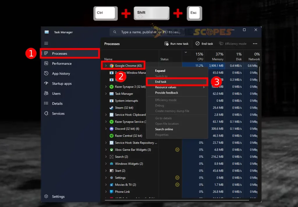 This image is showing how to open the Task Manager and how to manually end tasks to free up resources for your games.