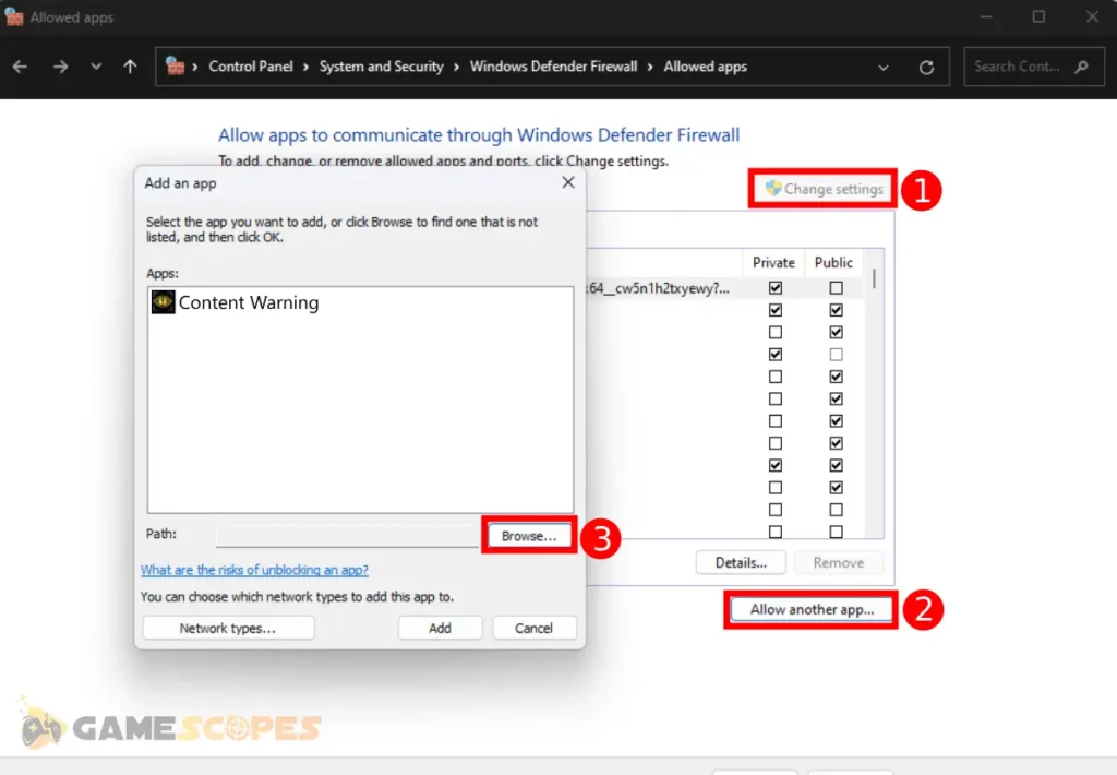 The image shows how to add the game as an expection to the Windows Firewall when Content Warning keeps crashing on PC.