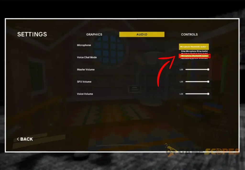 The image is showing how to select your microphone in the game's settings when Content Warning voice chat not working.