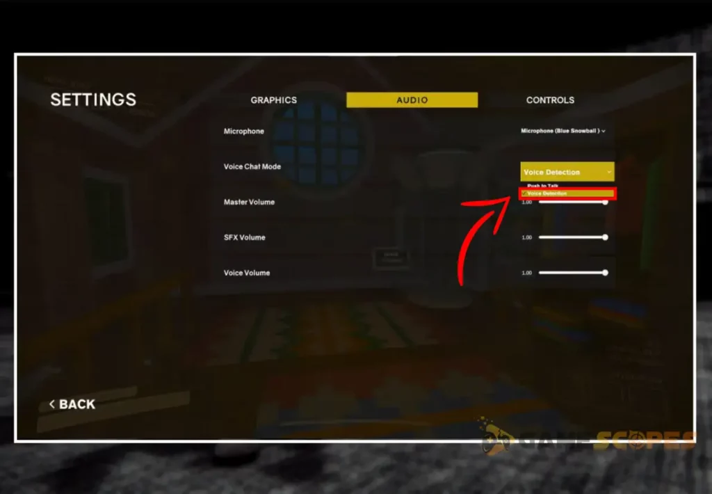 The image is showing how to enable the voice-detection in-game, when your Content Warning voice chat not working.