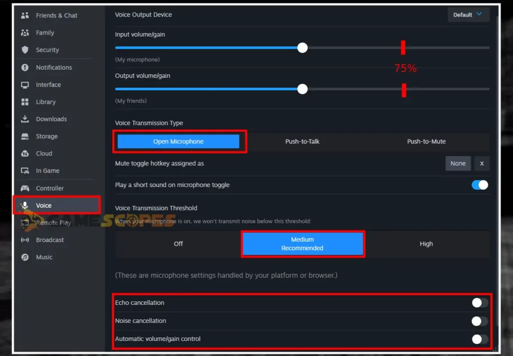 The image is showing how to correctly adjust your Steam launcher voice settings.