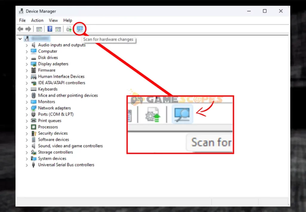 The image shows how to scan for hardware changes through the Window's Device Manager.