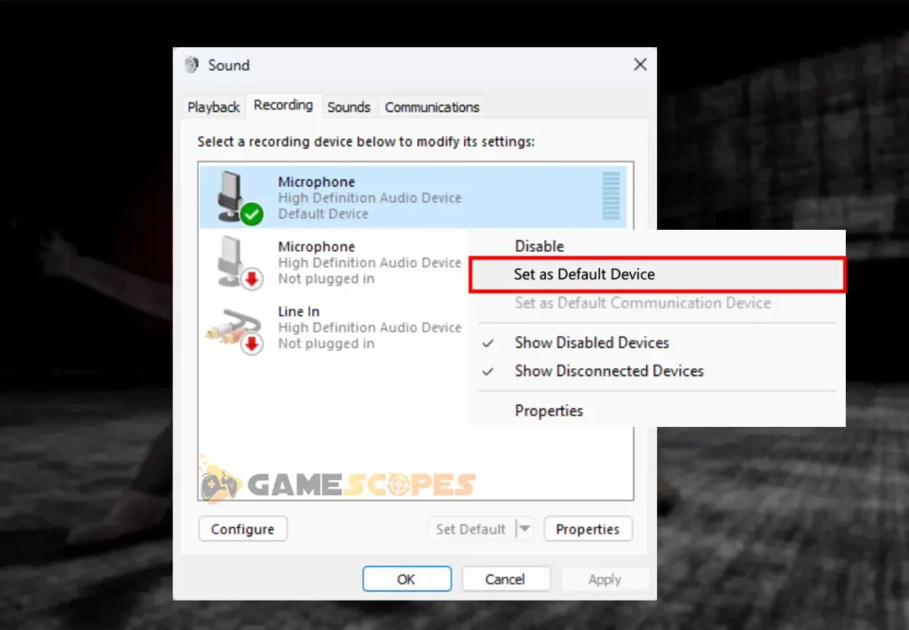 The image shows how to set your microphone as default device when Content Warning voice chat not working.